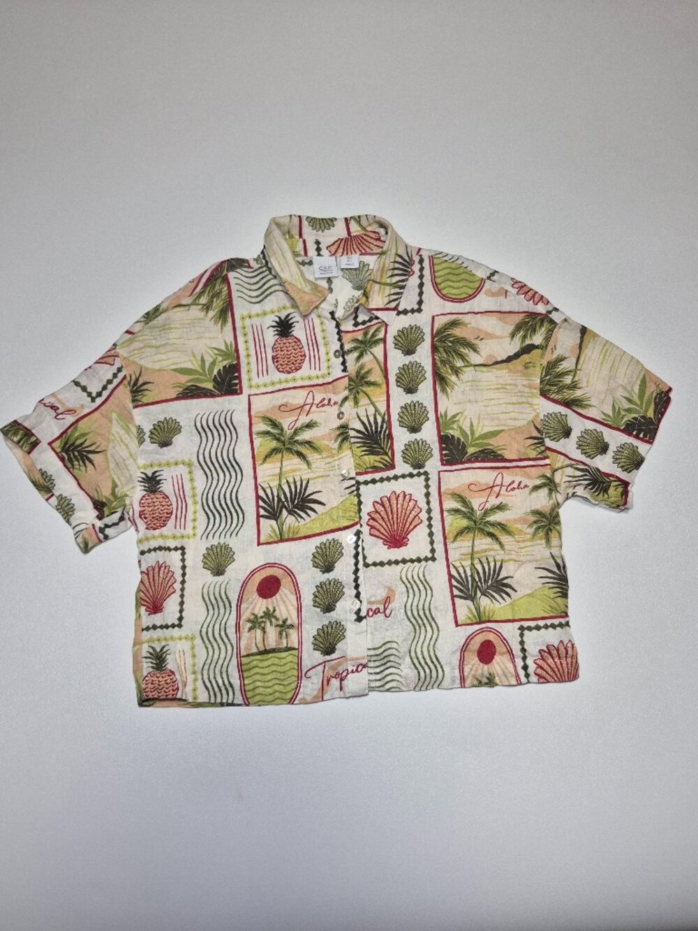 C&C California Linen Shirt Women L Tropical Fruit Shell Print Hawaiian Beach Top